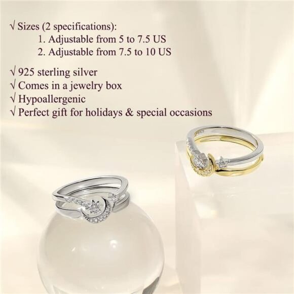 New Sterling Silver Moon and Star Ring Set Handmade Stackable Gold Plated - Picture 2 of 7